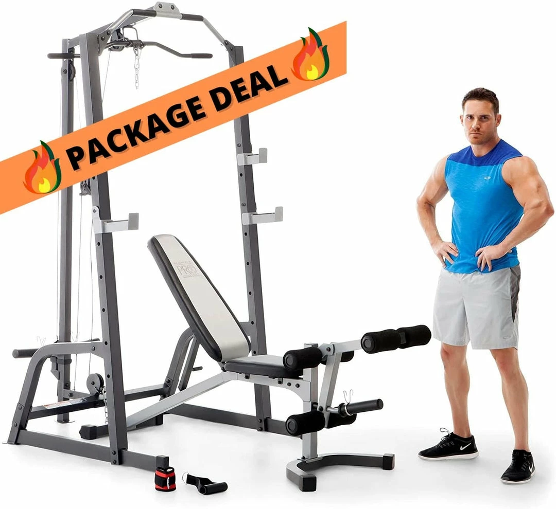 Muscle Mania Fitness MegaStore EQUIPMENT STRENGTH SPECIAL - Marcy Home Gym Fitness Deluxe Cage System Machine + Weight Lifting Bench & Bar/Weight Package