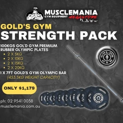 Musclemania Fitness MegaStore Gold's Gym Premium Olympic Bar + Snap Collars & Rubber Weights Package