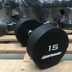 Muscle Mania Fitness MegaStore EQUIPMENT STRENGTH CLEARANCE - Black PU Rubber-Coated Commercial Dumbbells, Sold In Pairs (Style 1)