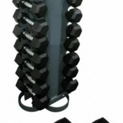 Musclemania Fitness MegaStore EQUIPMENT STRENGTH RUBBER HEX DUMBBELL "CLASS A" PACK 110KG (1-10KG) + MORGAN VERTICAL STAND