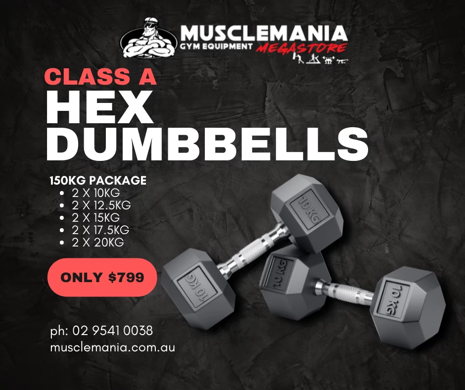 Musclemania Fitness MegaStore EQUIPMENT STRENGTH PACKAGE DEAL - "Class A" Hex Dumbbell Pack - 150KGS