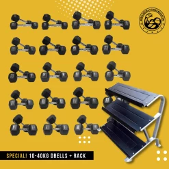 Musclemania-fitness 10-40kg "Class A" Rubber Hexagonal Dumbbell Set With Morgan 3-Tier Dumbbell Rack (FULL SET Of 13 Pairs)