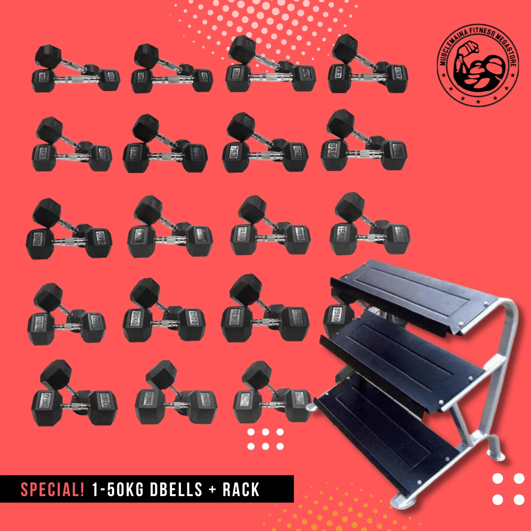 Musclemania-fitness 1-50kg Rubber " Class A" Hex Dumbbell Set + One X 3-Tier Deluxe Dumbbell Rack EQUIPMENT STRENGTH