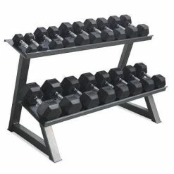Musclemania-fitness Rubber Hex "Class A" Dumbbell Set With Morgan 2-Tier Storage Rack, 5kg - 25kg