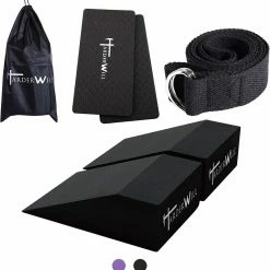 Musclemania Fitness MegaStore Squats/Calf Raise Blocks + Yoga Foam Wedge Blocks Pair + Yoga/Stretching Strap Set